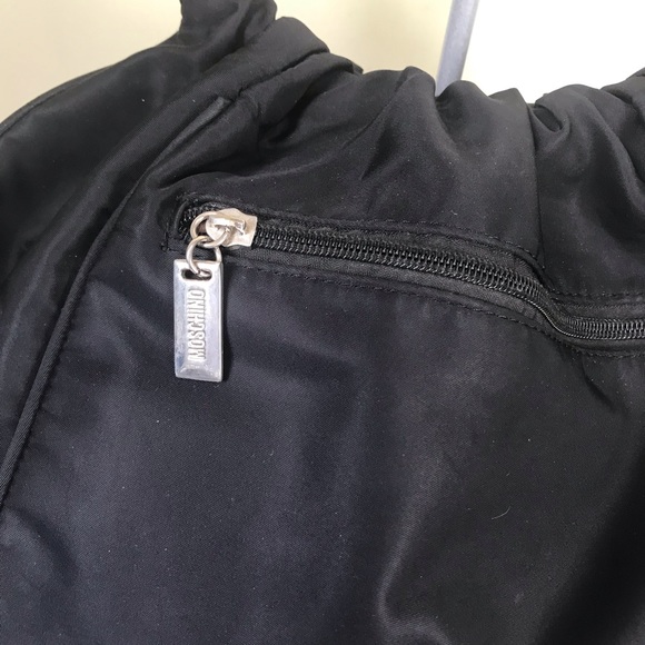 MOSCHINO Vintage 90s Nylon Leather Shoulder Bag Hobo Zipper Pocket Red Logo Tote - Picture 12 of 16